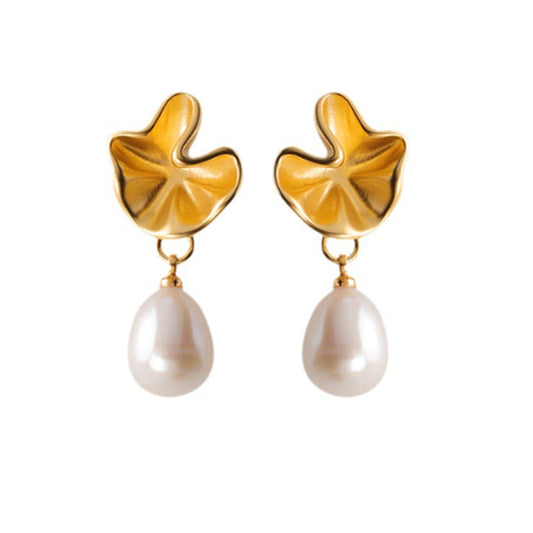 Embellique Gold Plated Brass with Natural Water Pearl Earrings Lotus Leaf Shape