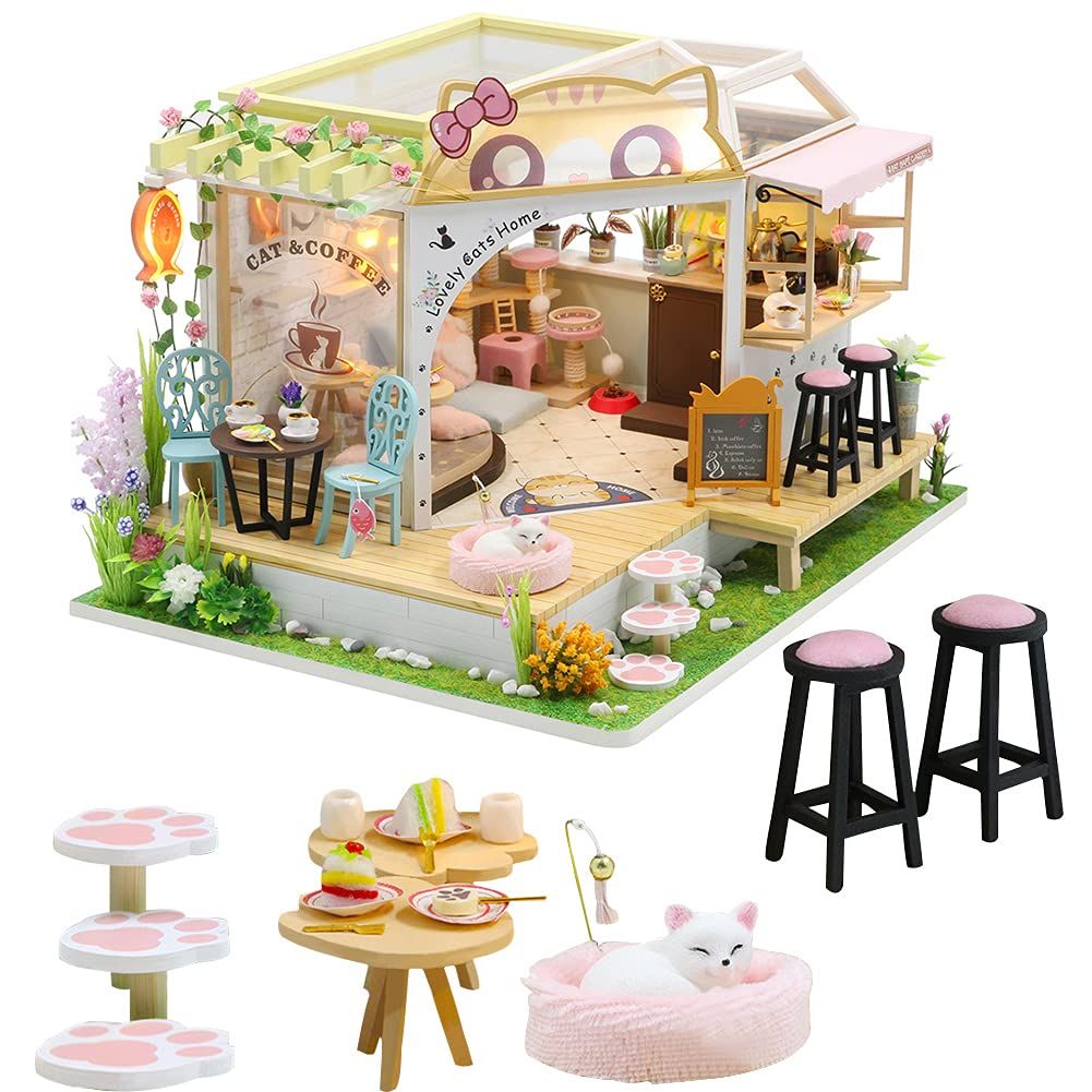 DIY Cat Café Miniature Wooden Dollhouse Kit