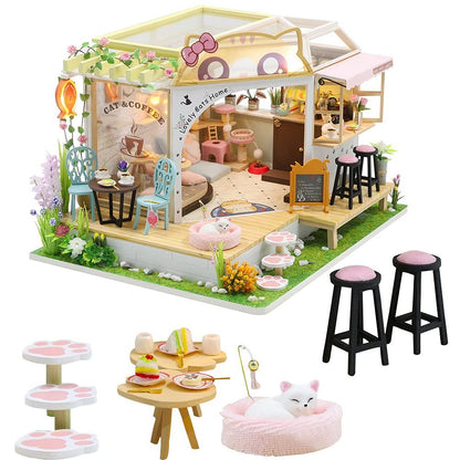 DIY Cat Café Miniature Wooden Dollhouse Kit