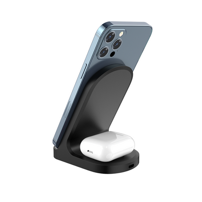 2-in-1 Wireless Charging Stand | Magnetic Fast Charger for Smartphone & Wireless Earbuds | Foldable Charging Dock