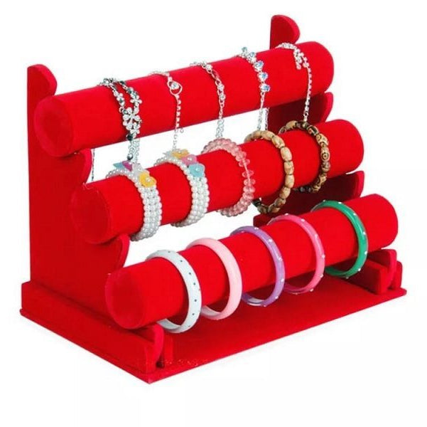 Velvet 3-Level Bracelet Watch Display Stand/Holder - RED