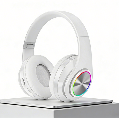 WHITE- Wireless bluetooth Headset Headphones Foldable Stereo Earphones LED Super