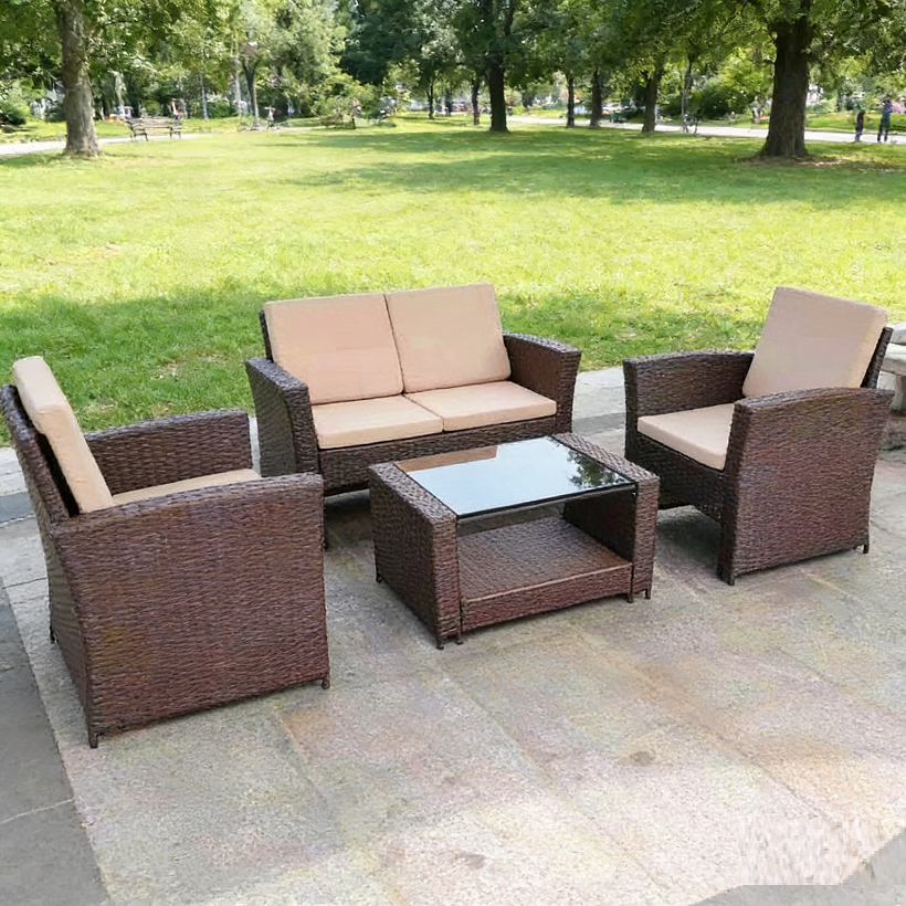 Rattan 2-Seat Sofa, 2 Chairs & Coffee Table 4PCS Set - Brown PE/PVC Pale Cushions