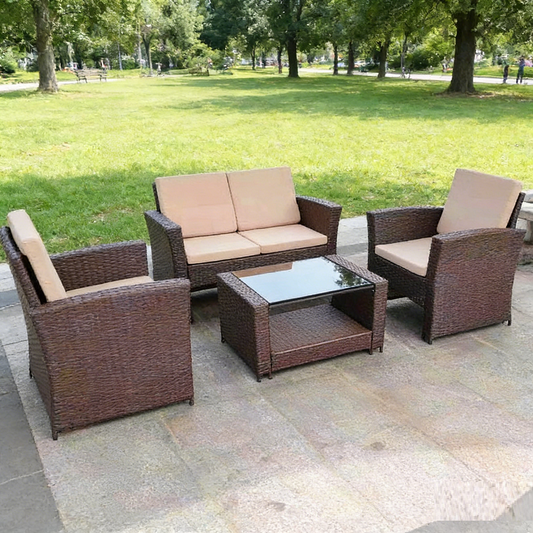 Rattan 2-Seat Sofa, 2 Chairs & Coffee Table 4PCS Set - Brown PE/PVC Pale Cushions