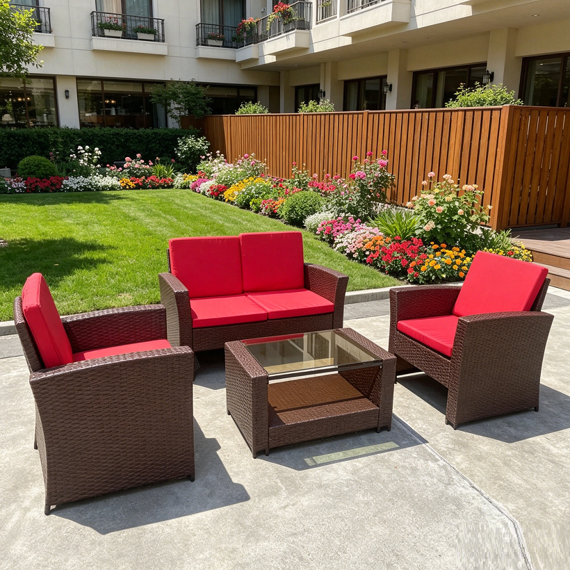 Rattan 2-Seat Sofa, 2 Chairs & Coffee Table 4PCS Set - Brown PE/PVC
