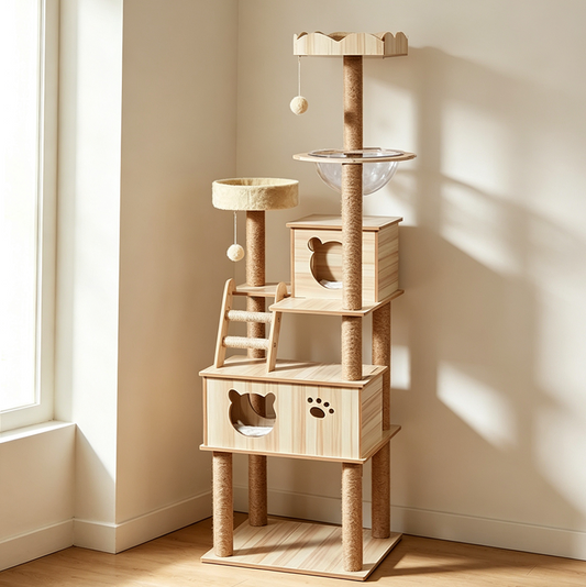 185cm Modern Multi-Level Large Real Solid Wood Cat Tree, Luxury Wooden Cat Tower