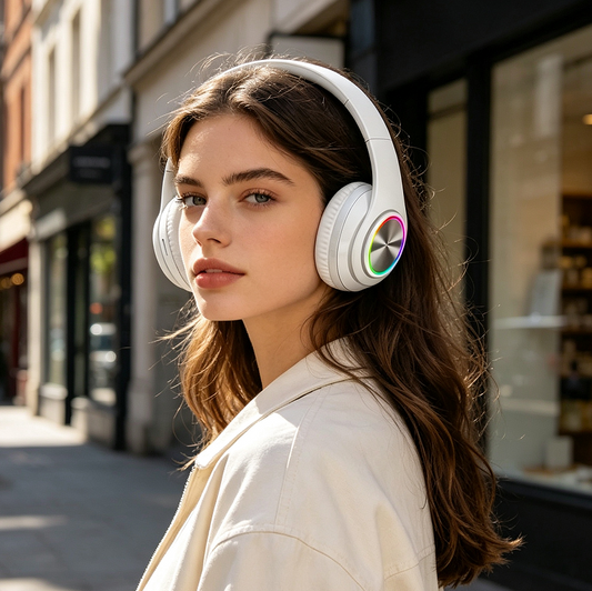 WHITE- Wireless bluetooth Headset Headphones Foldable Stereo Earphones LED Super