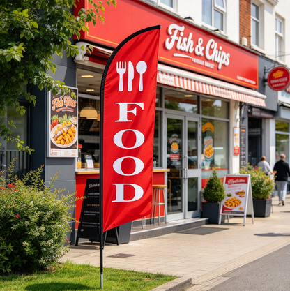 'FOOD' 3.4m Drill/SET Commercial Feather Banner Flag with Base