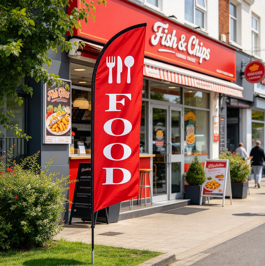 'FOOD' 3.4m Drill/SET Commercial Feather Banner Flag with Base