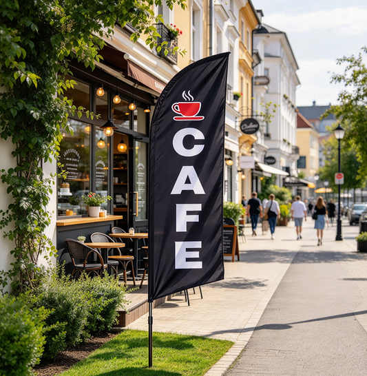 'CAFE-BLACK' 3.4m Double Sided Sign Commercial Feather Banner Flag