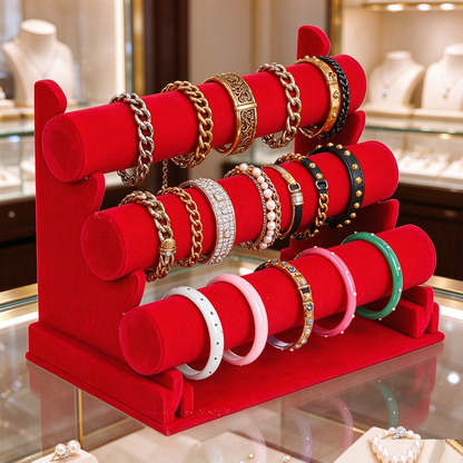 Velvet 3-Level Bracelet Watch Display Stand/Holder - RED