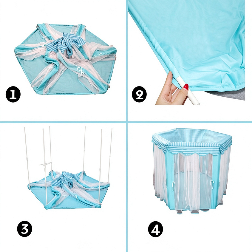 Fancy Hexagon Kids' Play Tent with Blue Striped Canopy & Mesh Curtains