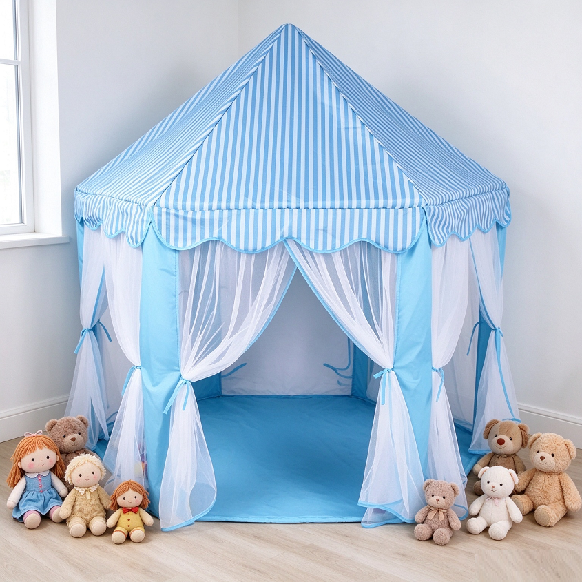 Fancy Hexagon Kids' Play Tent with Blue Striped Canopy & Mesh Curtains