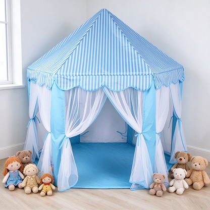 Fancy Hexagon Kids' Play Tent with Blue Striped Canopy & Mesh Curtains