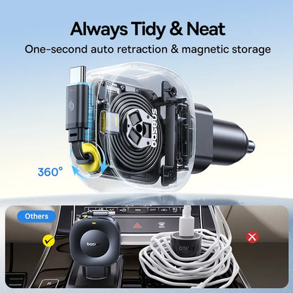 Fast Charging Car Charger USB-C Port + USB-C Retractable Cable