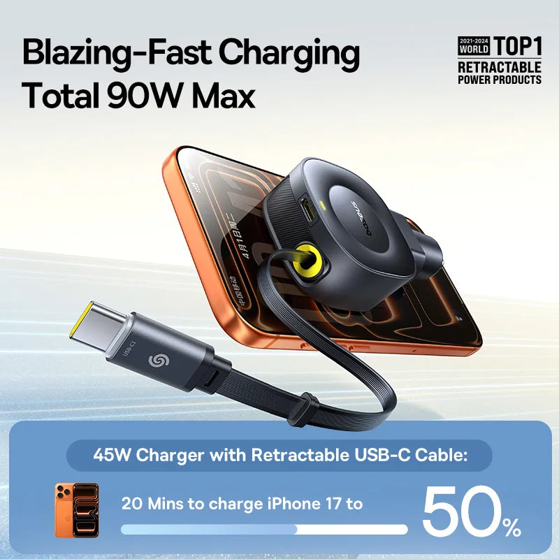 Fast Charging Car Charger USB-C Port + USB-C Retractable Cable