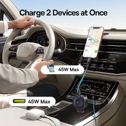 Fast Charging Car Charger USB-C Port + USB-C Retractable Cable