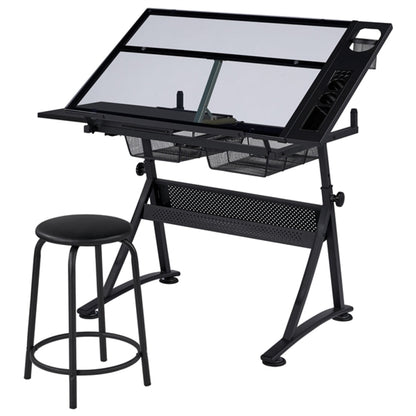 Height Adjustable Glass Drafting Table & Stool Set Art Table