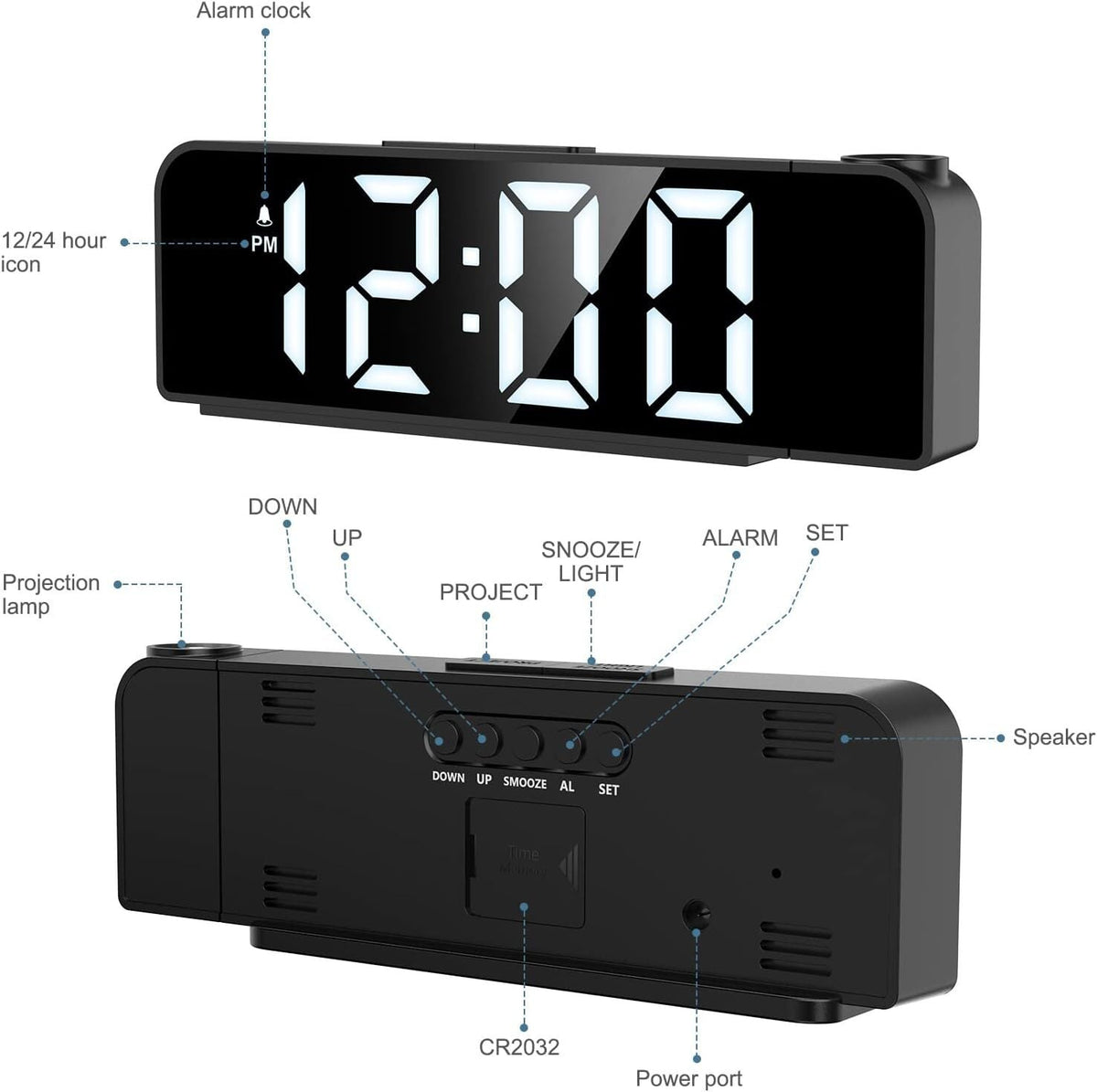 Led Digital Alarm Clock with Projection - Black