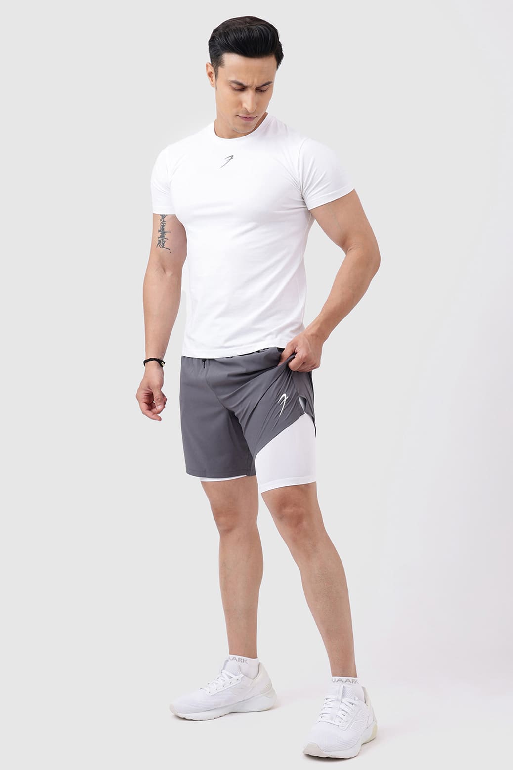 2 in 1 Compression Shorts Grey with White