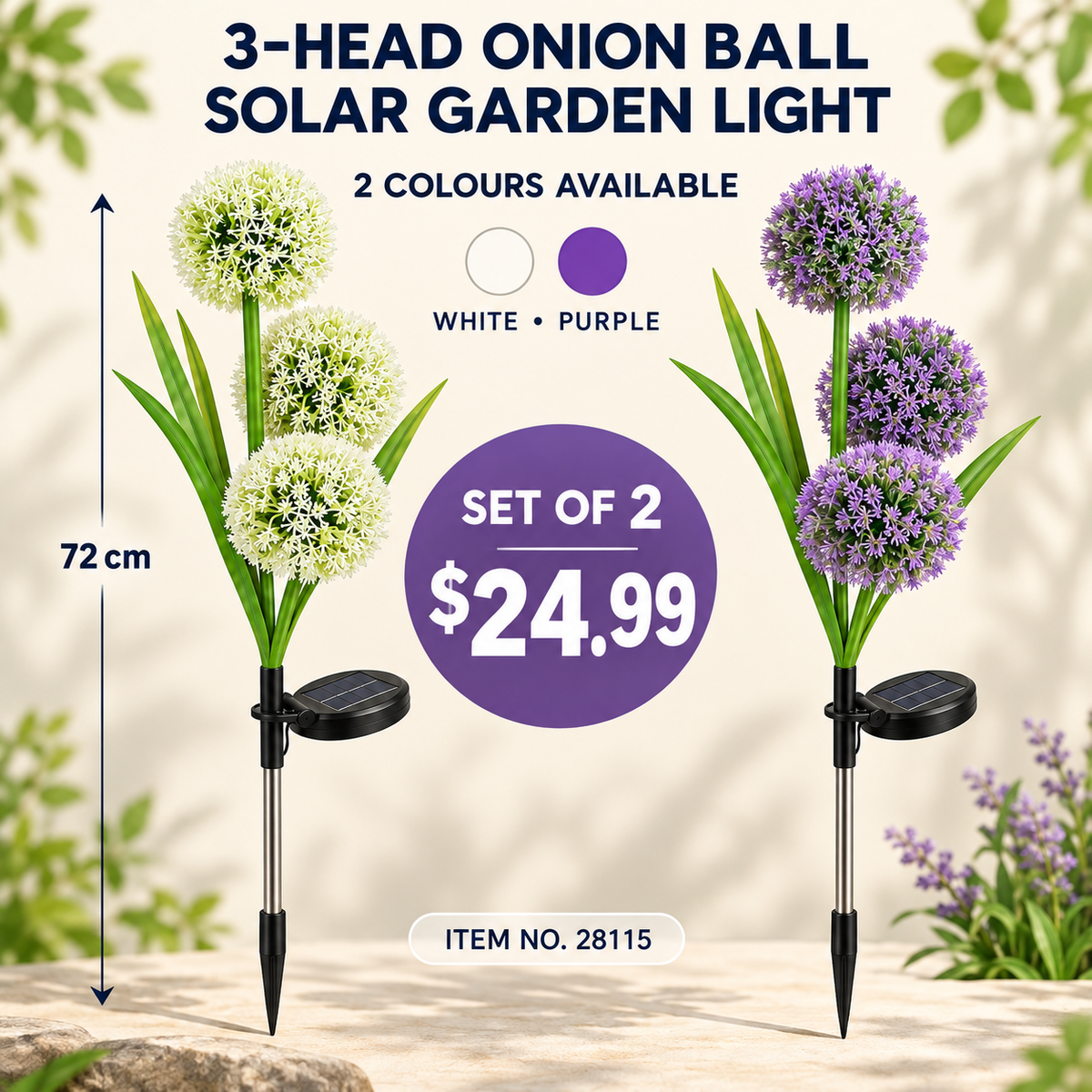 Set of 2 Solar 3-Head Onion Ball Garden Lights – 72cm