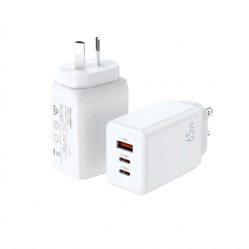 65W GaN Fast Charging Wall Charger Dual USB-C + USB-A Adapter