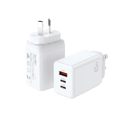 65W GaN Fast Charging Wall Charger Dual USB-C + USB-A Adapter