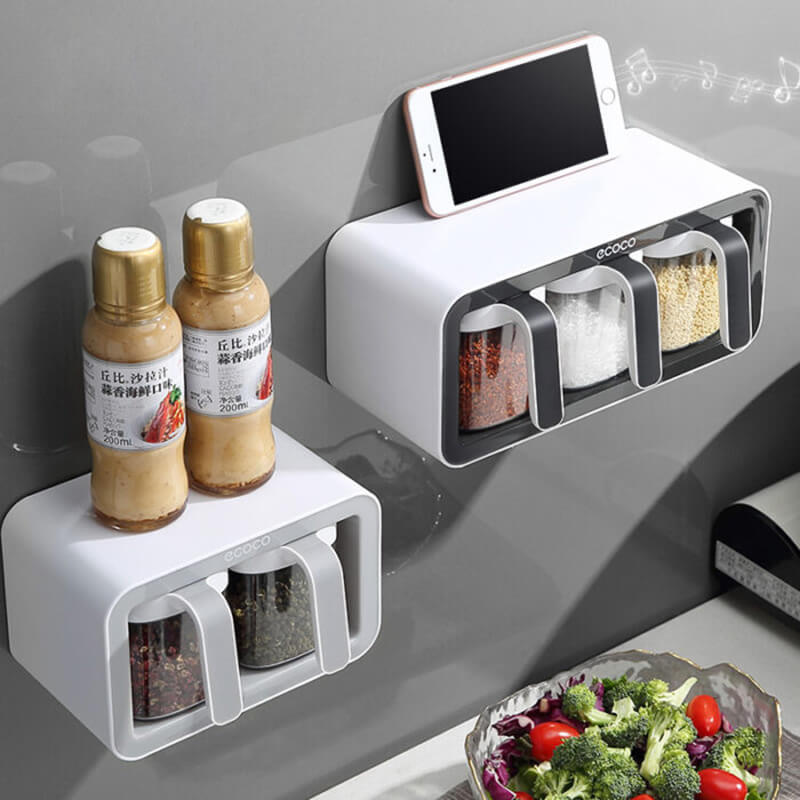 Mobie Wall Mounted Spice Organizer with Sealed Containers and Spoons E2007