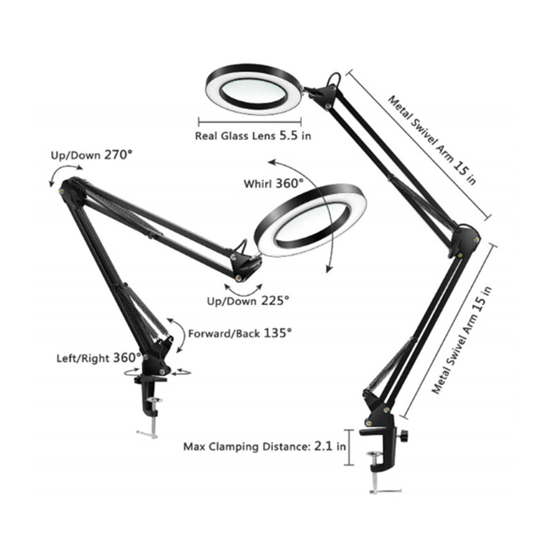 5X Magnifying Lamp with Big Clamp 3 Adjustable LED Light 10 Brightness Magnifier