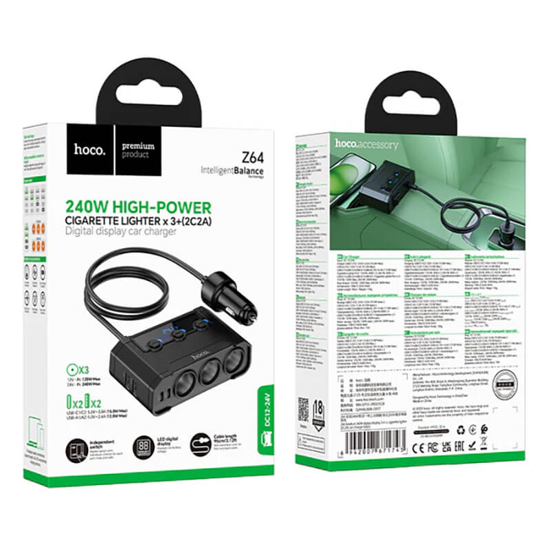 Hoco 240W 7-in-1 Voltage Display Car Power Splitter with 3 Sockets Z64