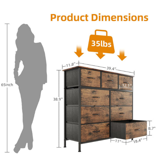 Fabric Dresser for Bedroom with 9 Drawers, Tall 4-Tier Storage Tower for Closet