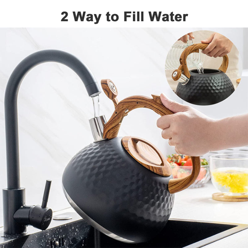 3L Whistling Stainless Steel Diamond Pattern Tea Kettle with Wood Grain Handle Black