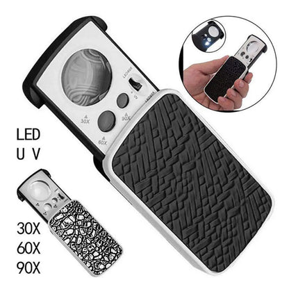 Jewelry Loupe Magnifier with UV LED Light 30X 60X 90X Slide Out Pocket Magn... S