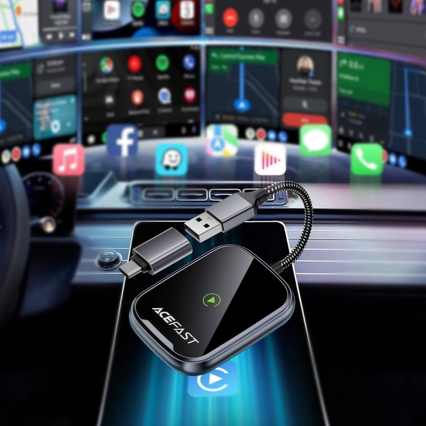 Acefast Wireless CarPlay Android Auto Adapter with USB-A Plug and USB-C Adapter QC1