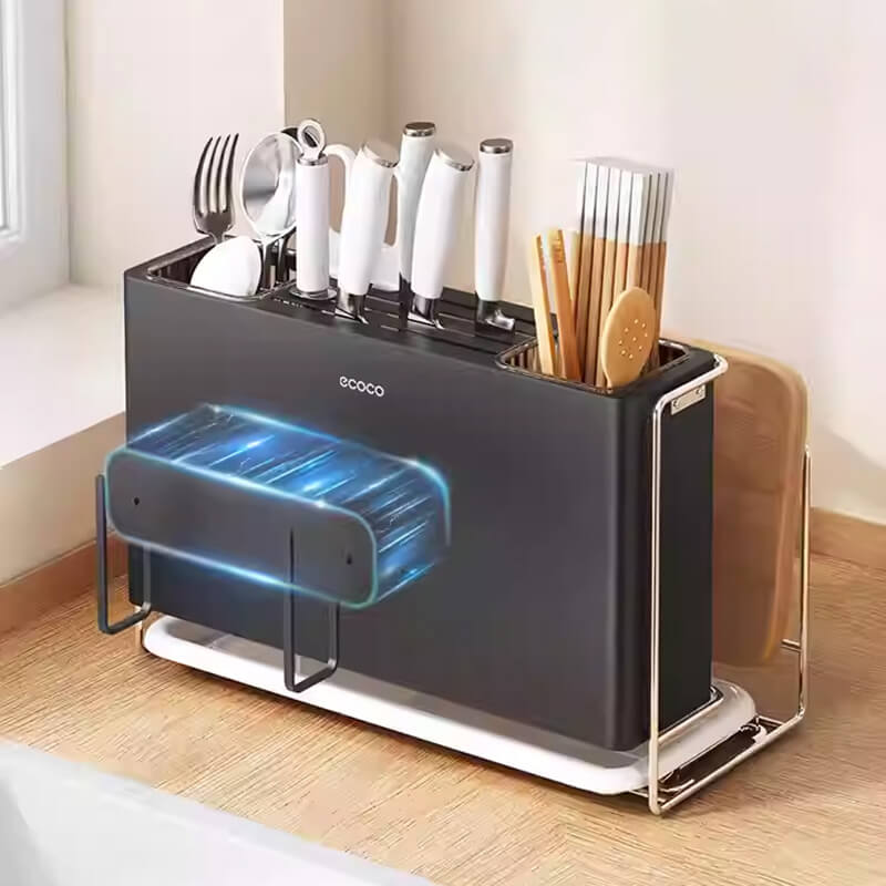 Mobie All-in-One Stainless Steel Knife Block with Magnetic Lid Holder and Drip Tray E25122