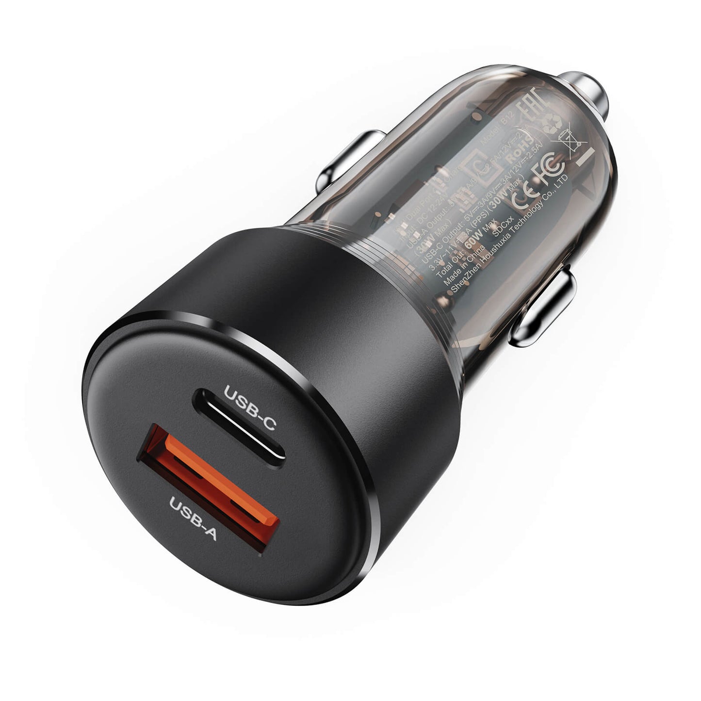 Acefast Dual Charging USB-A & Type-C Transparent Fast Car Charger 30W B12