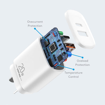 VFAN USB A + C PD 20W Dual Super Fast Charger Plug AU6
