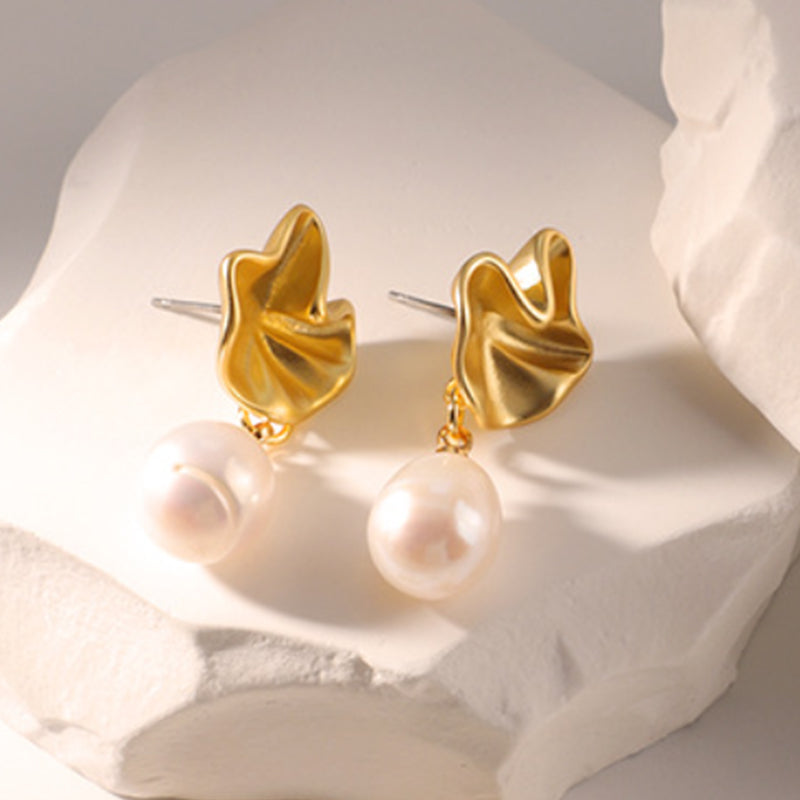 Embellique Gold Plated Brass with Natural Water Pearl Earrings Lotus Leaf Shape