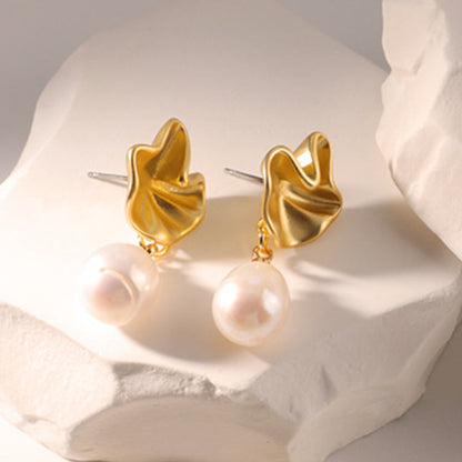 Embellique Gold Plated Brass with Natural Water Pearl Earrings Lotus Leaf Shape