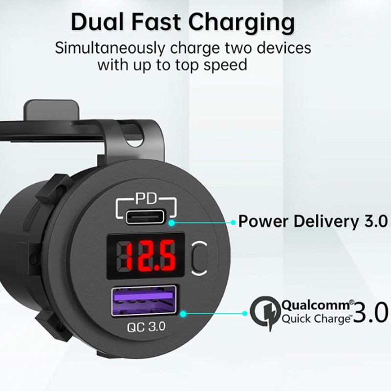 12V USB C Car Charger Socket Dual PD & QC 3.0 Ports Car Adapter with 60cm Wire Blue