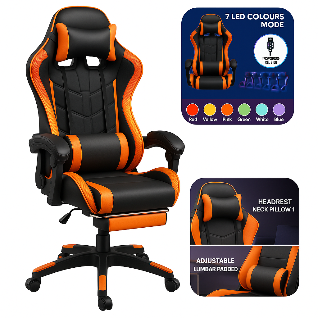 Gaming Desk & Chair Combo - RGB LED Desk + RGB LED Gaming Chair with Footrest