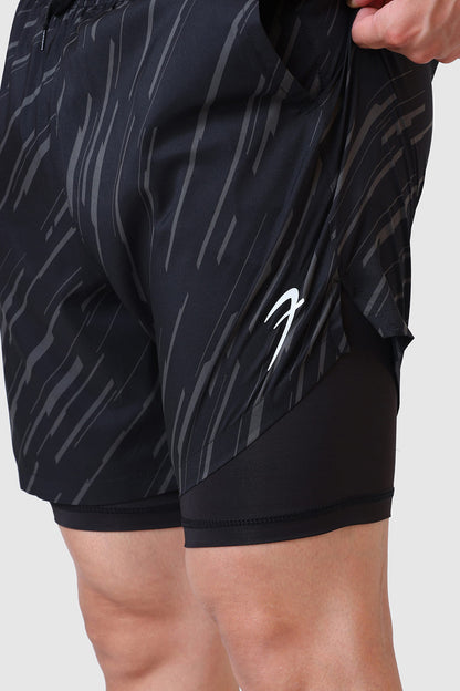 2 in 1 Printed Compression Shorts Black