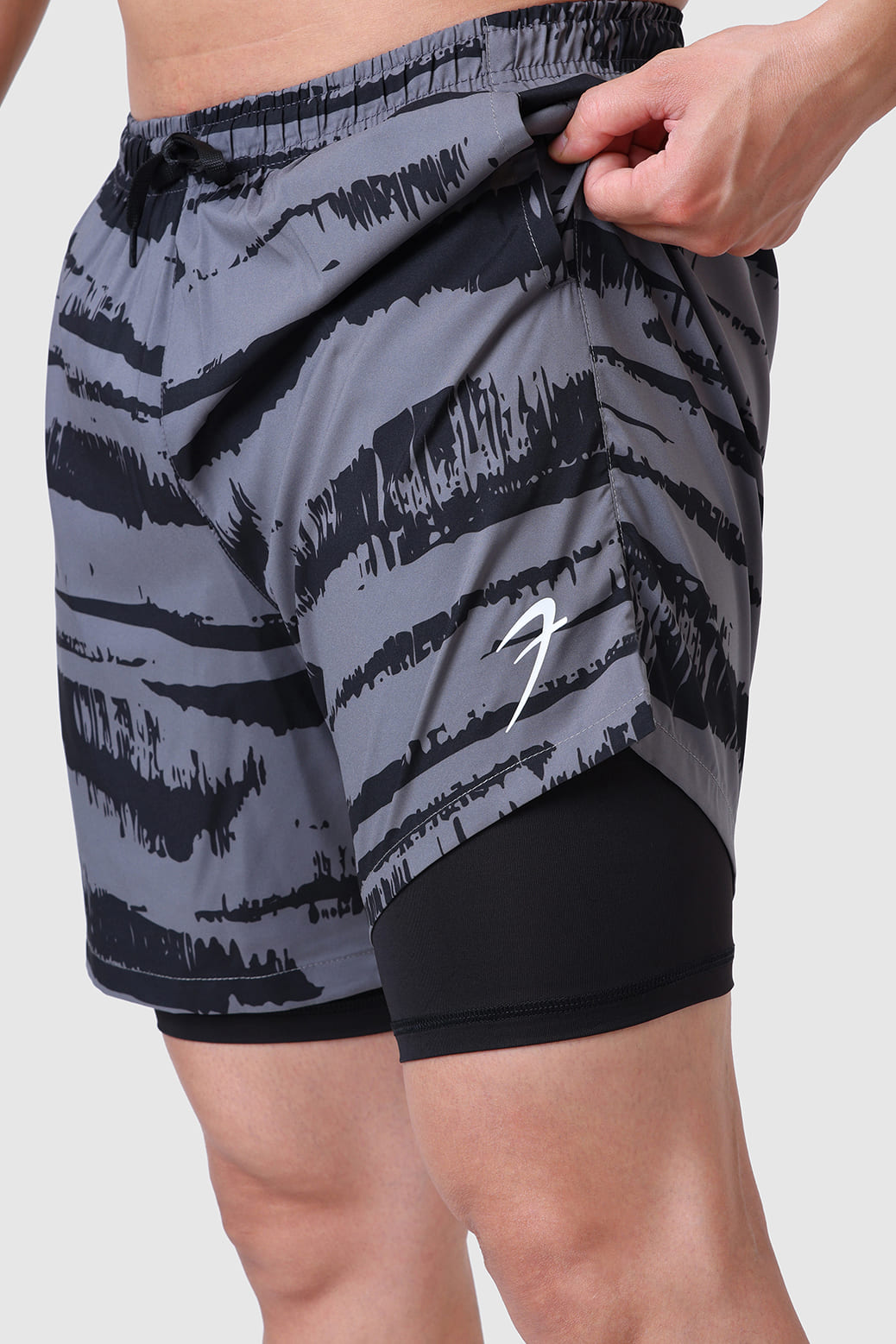 2 in 1 Printed Compression Shorts Gold Grey