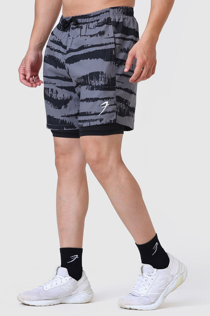 2 in 1 Printed Compression Shorts Gold Grey