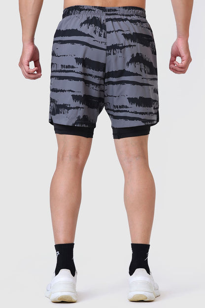 2 in 1 Printed Compression Shorts Gold Grey