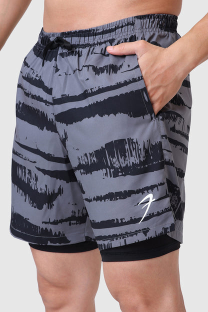 2 in 1 Printed Compression Shorts Gold Grey