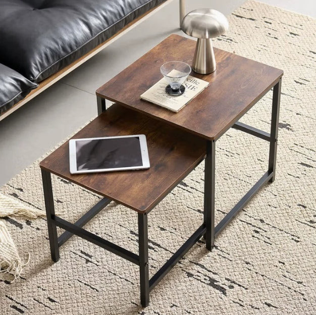 Nesting Coffee Tables Set of 2, Rustic Industrial Side End Table with Metal Frame, Round/Square Wooden Stacking Tea Tables for Living Room