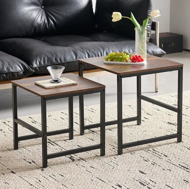 Nesting Coffee Tables Set of 2, Rustic Industrial Side End Table with Metal Frame, Round/Square Wooden Stacking Tea Tables for Living Room