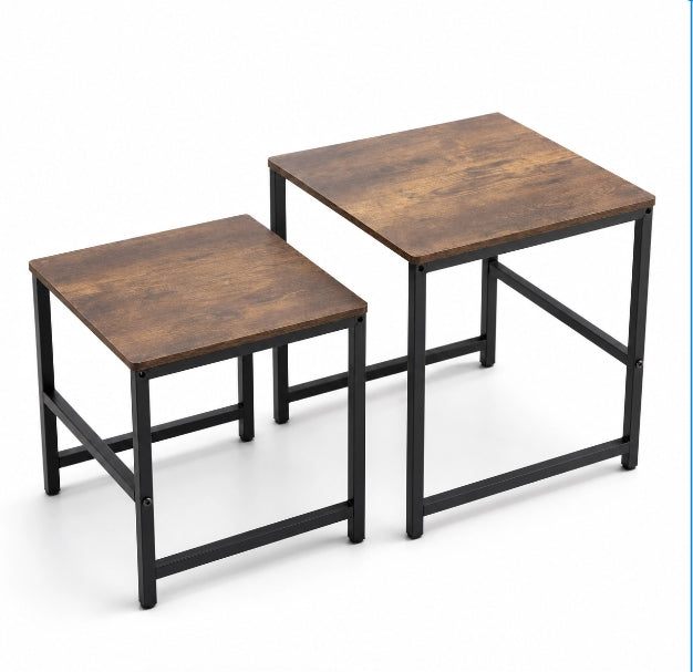 Nesting Coffee Tables Set of 2, Rustic Industrial Side End Table with Metal Frame, Round/Square Wooden Stacking Tea Tables for Living Room