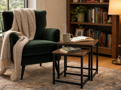 Nesting Coffee Tables Set of 2, Rustic Industrial Side End Table with Metal Frame, Round/Square Wooden Stacking Tea Tables for Living Room
